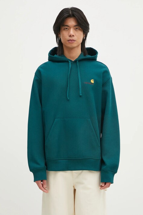 Суичър Carhartt WIP Hooded American Script Sweat в тюркоазено с качулка с изчистен дизайн I028279.2M1XX