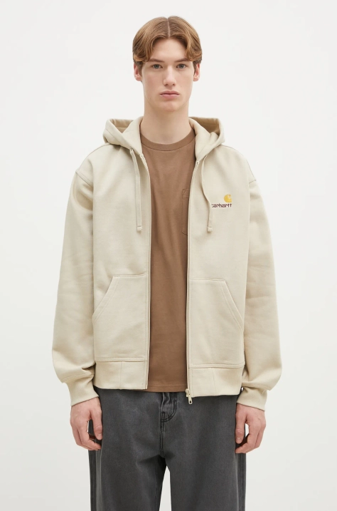 Carhartt WIP sweatshirt Hooded American Script Jacket men's beige color hooded smooth I033063.2LPXX