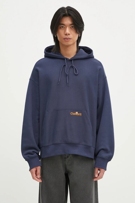 Carhartt WIP bluza bawełniana Hooded Label Script Sweat męska kolor niebieski z kapturem gładka I034430.01XX