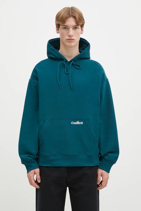 Памучен суичър Carhartt WIP Hooded Label Script Sweat в тюркоазено с качулка с изчистен дизайн I034430.2M1XX