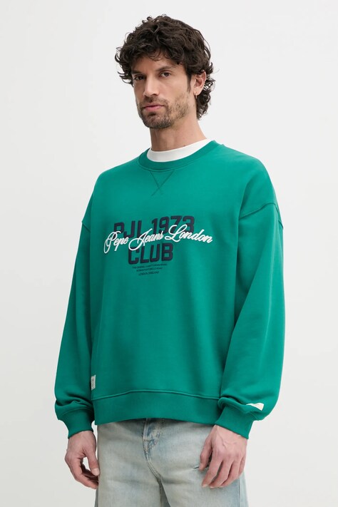 Хлопковая кофта Pepe Jeans TALBOT CREW мужская цвет зелёный с аппликацией PM582847
