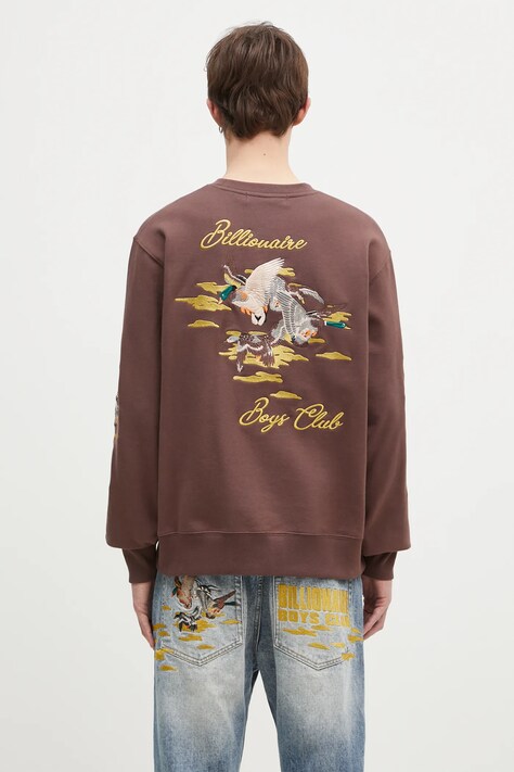 Billionaire Boys Club hanorac de bumbac Duck Embroidered Crewneck bărbați, culoarea maro, cu imprimeu, B24441