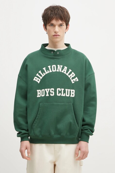 Billionaire Boys Club hanorac de bumbac Stand Collar Sweatshirt barbati, culoarea verde, cu imprimeu, B24444