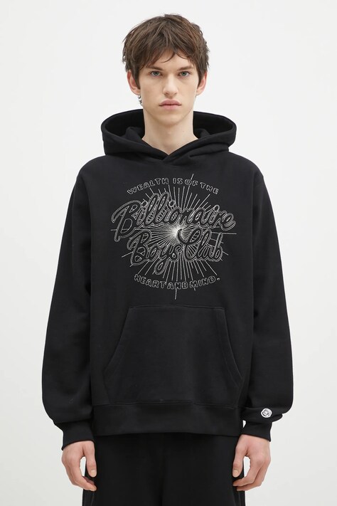 Pamučna dukserica Billionaire Boys Club Script Logo Chainstitch Popover Hood za muškarce, boja: crna, s kapuljačom, s aplikacijom, B24448