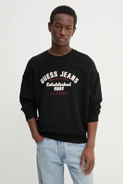 Guess Jeans hanorac de bumbac bărbați, culoarea negru, cu imprimeu, M5RQ35 KCPR1