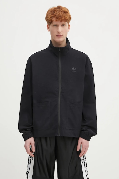 adidas Originals hanorac de bumbac Essentials Seersucker Track Top culoarea negru, uni, JD2458