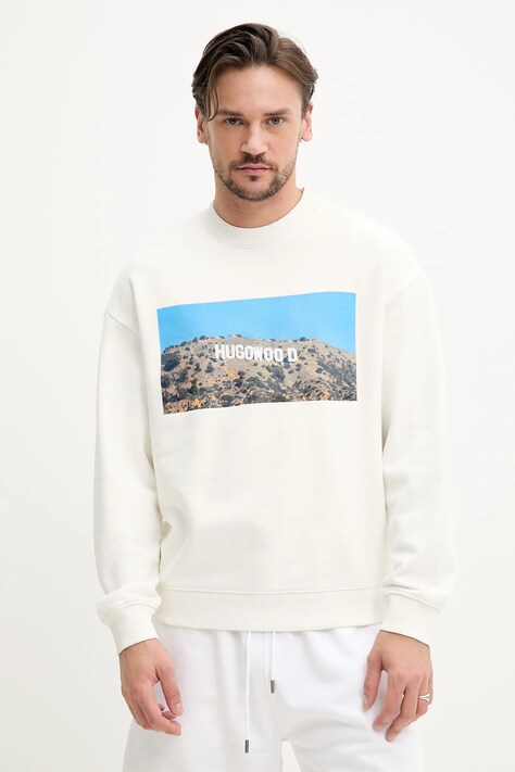 Pamučna dukserica HUGO za muškarce, boja: bež, s tiskom, 50537546