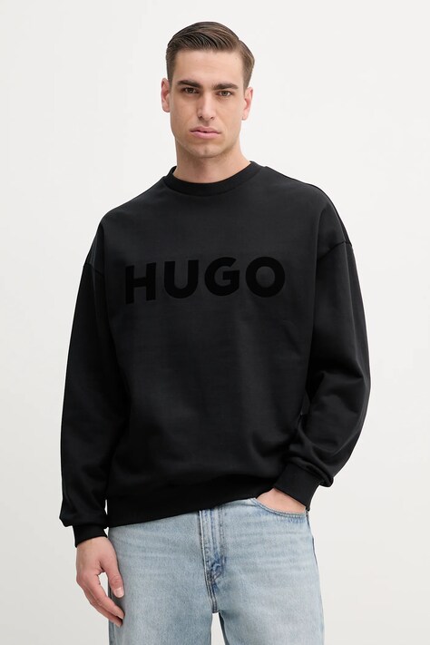 HUGO hanorac de bumbac bărbați, culoarea negru, cu imprimeu, 50538778