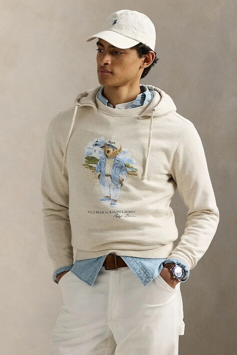 Mikina Polo Ralph Lauren pánská, bílá barva, s kapucí, s potiskem, 710966739