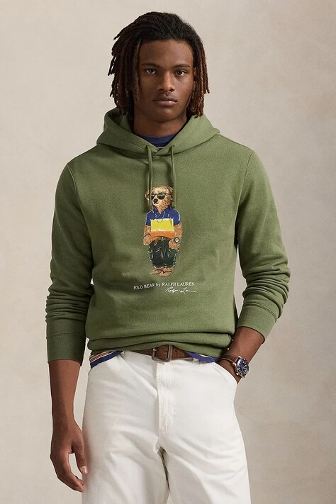 Кофта Polo Ralph Lauren мужская цвет зелёный с капюшоном с принтом 710973147