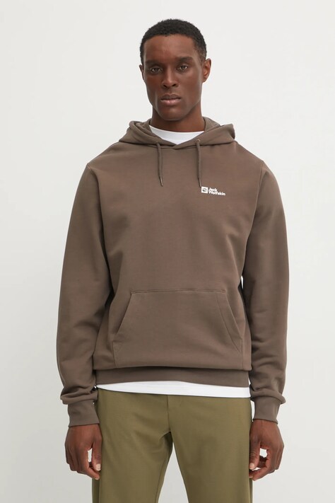 Pamučna dukserica Jack Wolfskin Essential za muškarce, boja: smeđa, s kapuljačom, s tiskom, A63872