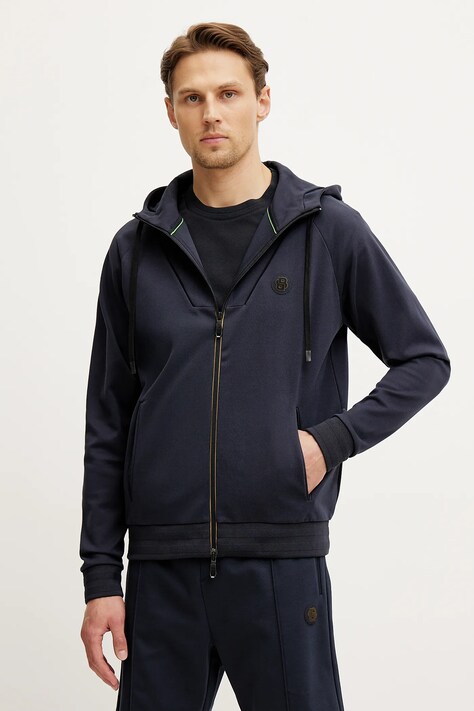 BOSS Green bluza barbati, culoarea albastru marin, cu glugă, neted, 50530969