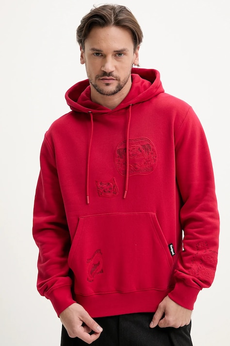 Хлопковая кофта Desigual NUEVA ESCOCIA мужская цвет красный с капюшоном с аппликацией 25SMSK04
