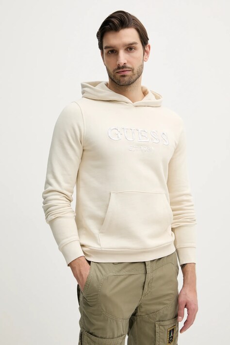 Guess bluza BEAU barbati, culoarea bej, cu glugă, cu imprimeu, M5GQ36 KCN01