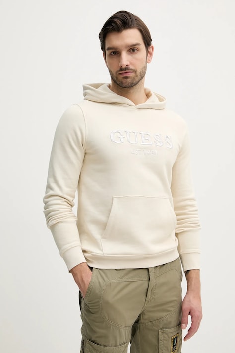 Mikina Guess BEAU pánska, béžová farba, s kapucňou, s nášivkou, M5GQ36 KCN01