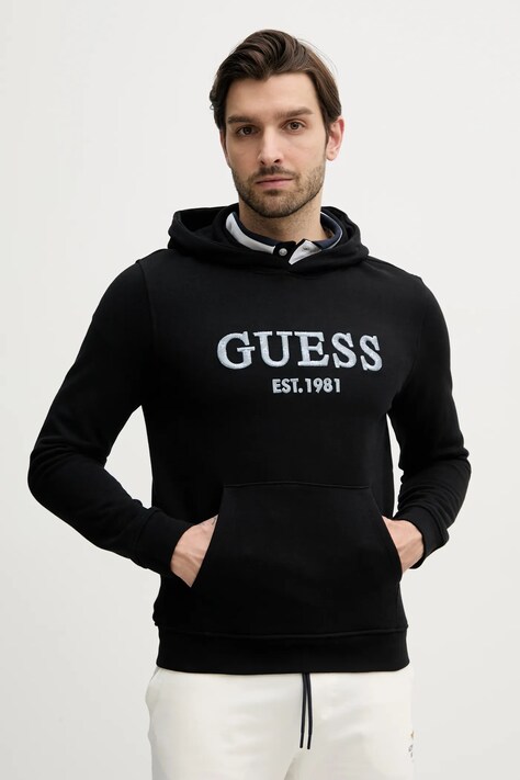 Guess bluza BEAU barbati, culoarea negru, cu glugă, cu imprimeu, M5GQ36 KCN01