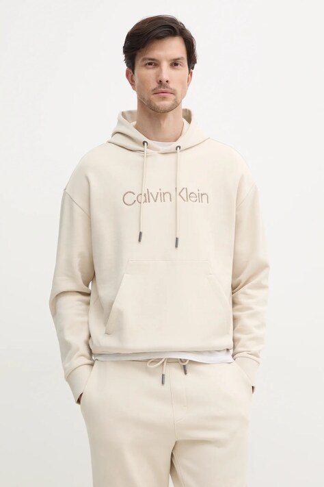 Calvin Klein hanorac de bumbac barbati, culoarea bej, cu glugă, cu imprimeu, K10K114257
