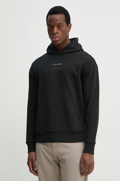 Bavlněná mikina Calvin Klein pánská, černá barva, s kapucí, s potiskem, K10K114262