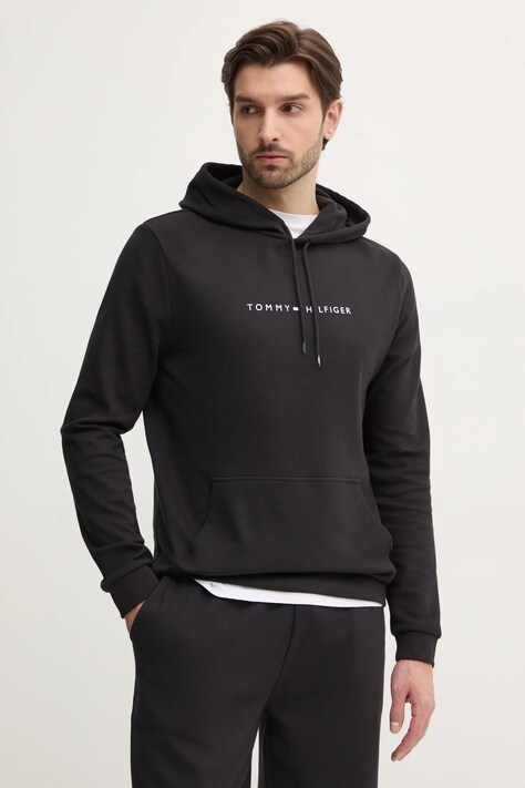Tommy Hilfiger bluza barbati, culoarea negru, cu glugă, cu imprimeu, UM0UM03506