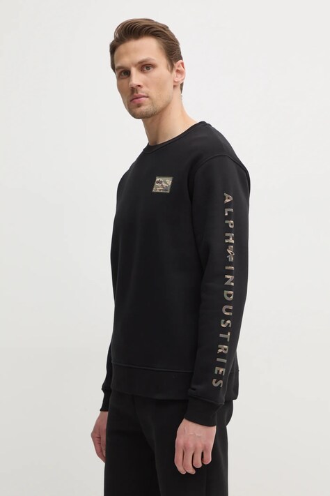 Mikina Alpha Industries Camo Sleeve Crewneck pánská, černá barva, s aplikací, 156306