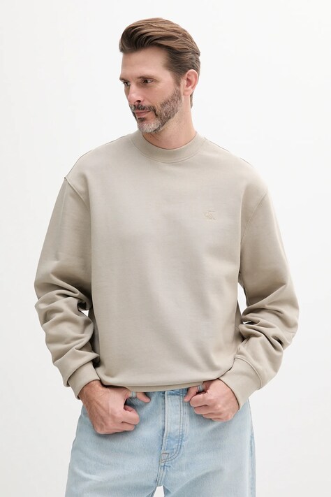 Bavlněná mikina Calvin Klein Jeans pánská, béžová barva, hladká, J30J327228