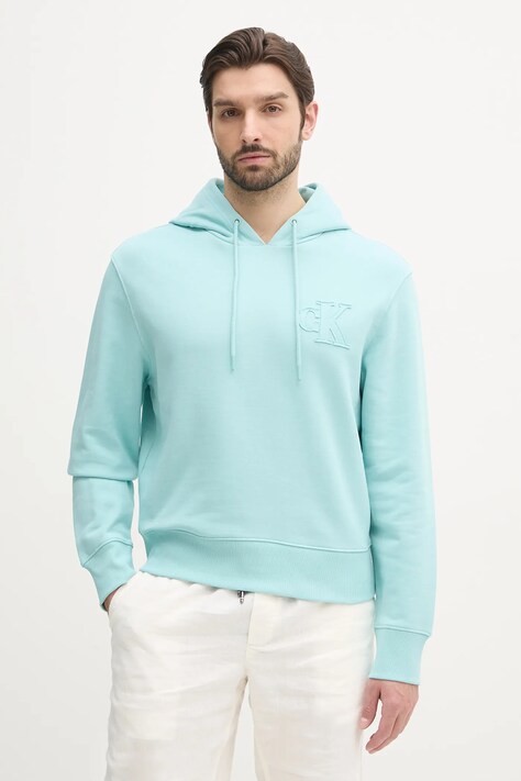 Хлопковая кофта Calvin Klein Jeans мужская цвет бирюзовый с капюшоном с аппликацией J30J327245
