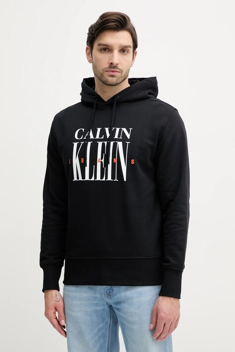 Calvin Klein Jeans hanorac de bumbac barbati, culoarea negru, cu glugă, cu imprimeu, J30J327520