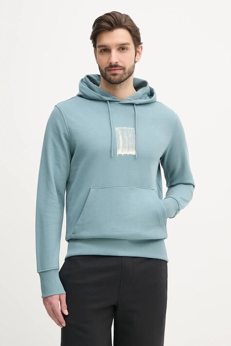 Calvin Klein Jeans hanorac de bumbac barbati, culoarea verde, cu glugă, cu imprimeu, J30J327525