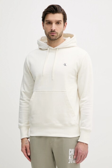 Calvin Klein Jeans hanorac de bumbac barbati, culoarea bej, cu glugă, cu imprimeu, J30J327526