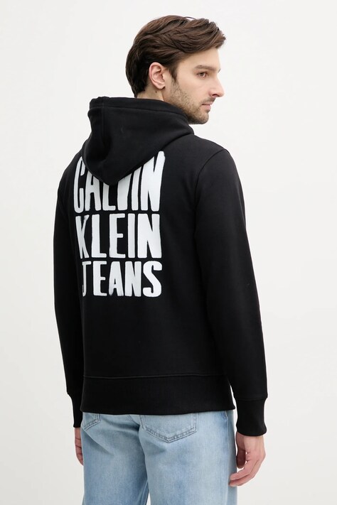 Calvin Klein Jeans hanorac de bumbac barbati, culoarea negru, cu glugă, cu imprimeu, J30J327526