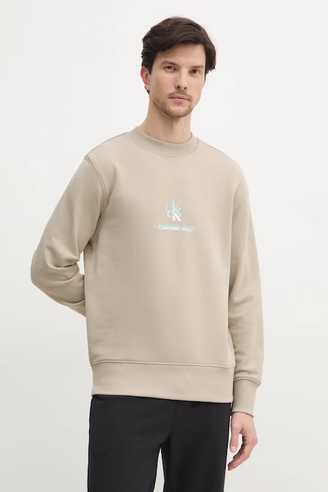 Calvin Klein Jeans hanorac de bumbac barbati, culoarea bej, cu imprimeu, J30J327470