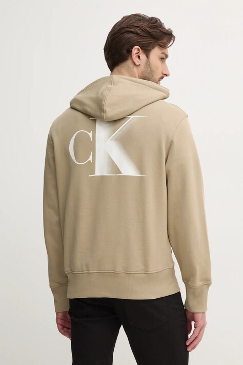 Calvin Klein Jeans hanorac de bumbac bărbați, culoarea verde, cu glugă, cu imprimeu, J30J327476