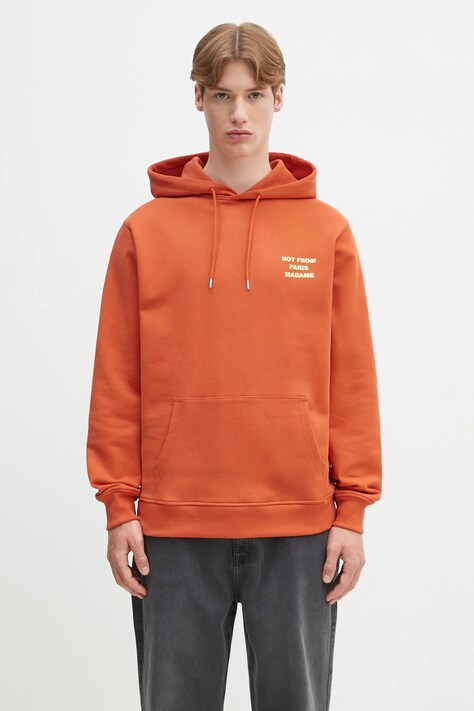 Βαμβακερή μπλούζα Drôle de Monsieur Le Hoodie Slogan χρώμα: πορτοκαλί, με κουκούλα, G-HO162-CO127-RT