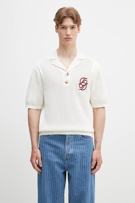 Drôle de Monsieur cotton polo shirt Le Polo Maille Monograme men’s beige color smooth G-PO171-CO207-CM