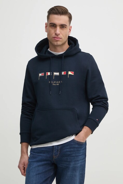 Tommy Hilfiger hanorac de bumbac barbati, culoarea albastru marin, cu glugă, cu imprimeu, MW0MW38666