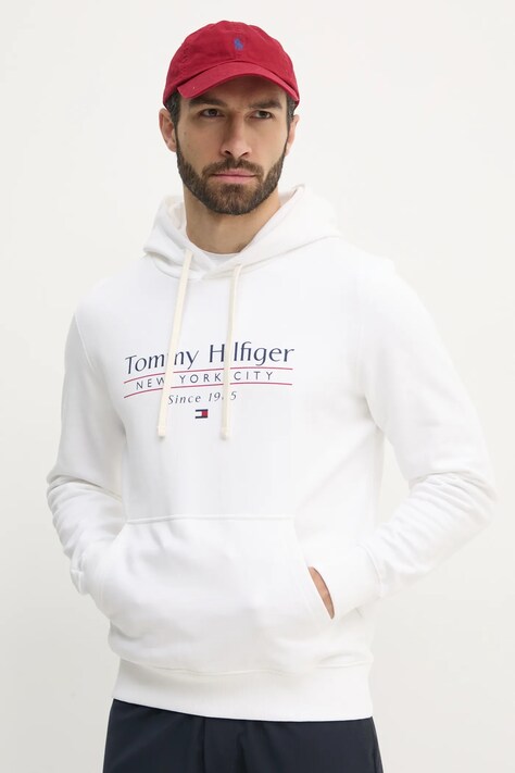 Tommy Hilfiger hanorac de bumbac barbati, culoarea alb, cu glugă, cu imprimeu, MW0MW38672