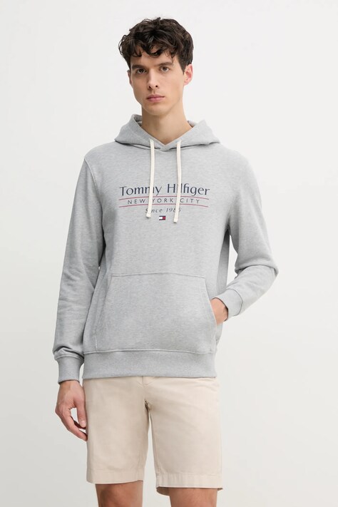 Bavlněná mikina Tommy Hilfiger pánská, šedá barva, s kapucí, s potiskem, MW0MW38672