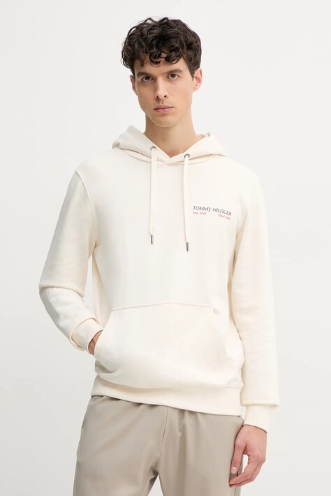Tommy Hilfiger hanorac de bumbac barbati, culoarea bej, cu glugă, neted, MW0MW39151
