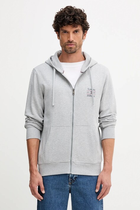 Tommy Hilfiger hanorac de bumbac barbati, culoarea gri, cu glugă, neted, MW0MW39250