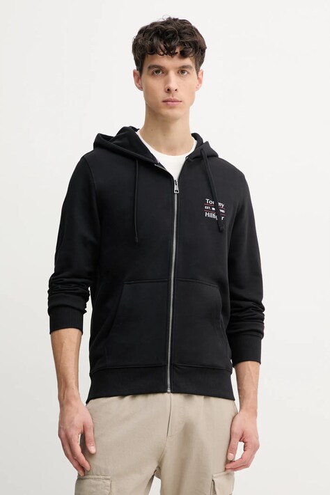 Tommy Hilfiger hanorac de bumbac barbati, culoarea negru, cu glugă, neted, MW0MW39250