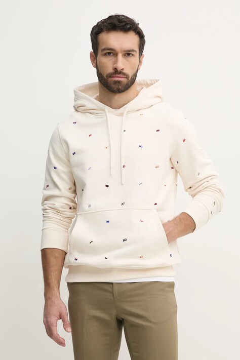 Tommy Hilfiger hanorac de bumbac bărbați, culoarea bej, cu glugă, cu imprimeu, MW0MW39310