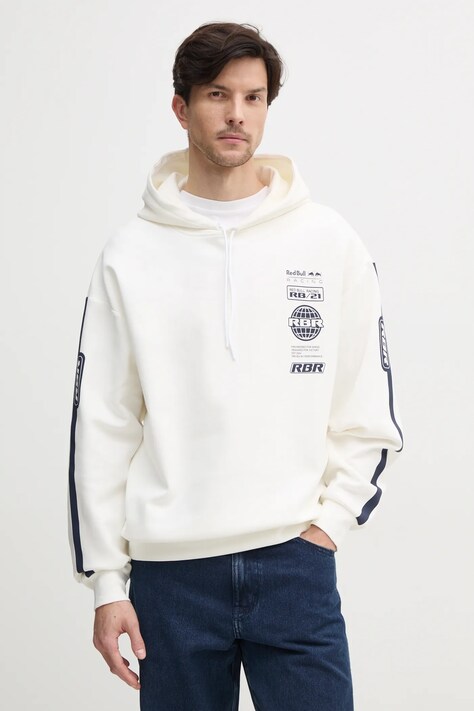Mikina Red Bull Racing x Pepe Jeans LOGO STACK HOODY pánská, béžová barva, s kapucí, s potiskem, RM580013