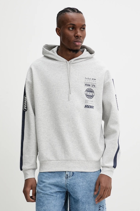 Red Bull Racing x Pepe Jeans bluza LOGO STACK HOODY barbati, culoarea gri, cu glugă, cu imprimeu, RM580013