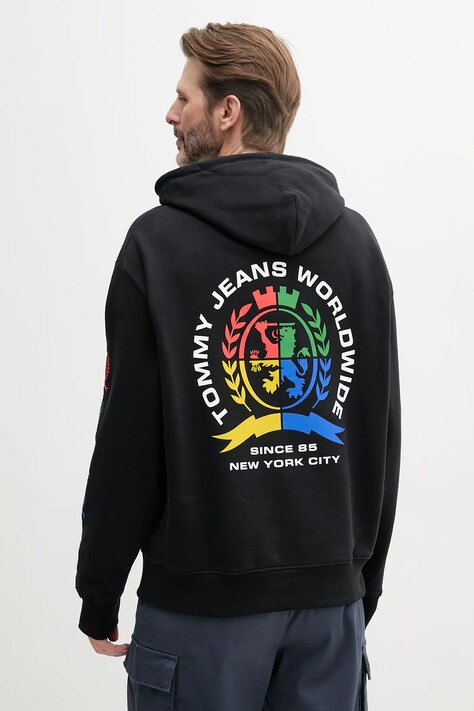 Bavlněná mikina Tommy Jeans pánská, černá barva, s kapucí, s potiskem, DM0DM20836