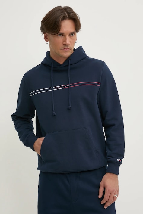Памучен суичър Tommy Jeans в тъмносиньо с качулка с принт DM0DM20847