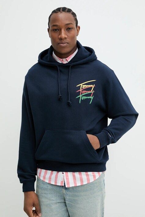 Tommy Jeans hanorac de bumbac barbati, culoarea albastru marin, cu glugă, cu imprimeu, DM0DM21372