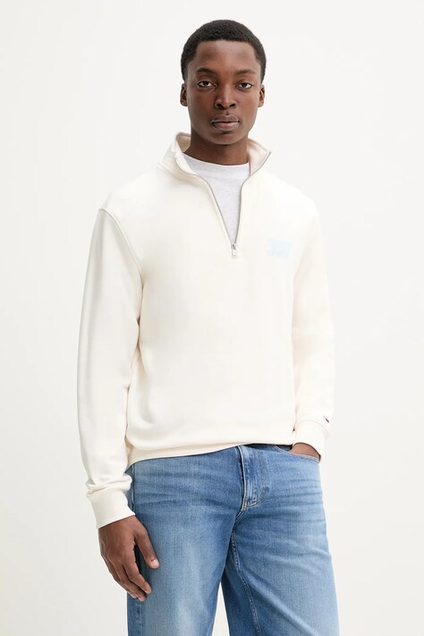 Bavlněná mikina Tommy Jeans pánská, béžová barva, s potiskem, DM0DM21865