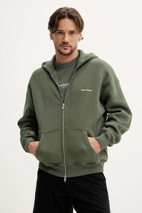Mikina Abercrombie & Fitch pánská, zelená barva, s kapucí, s potiskem, KI175-5120