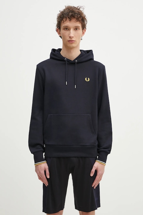 Fred Perry hanorac de bumbac barbati, culoarea albastru marin, cu glugă, neted, M2643.W53