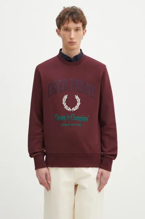 Fred Perry cotton sweatshirt men's maroon color with an application M9891.597